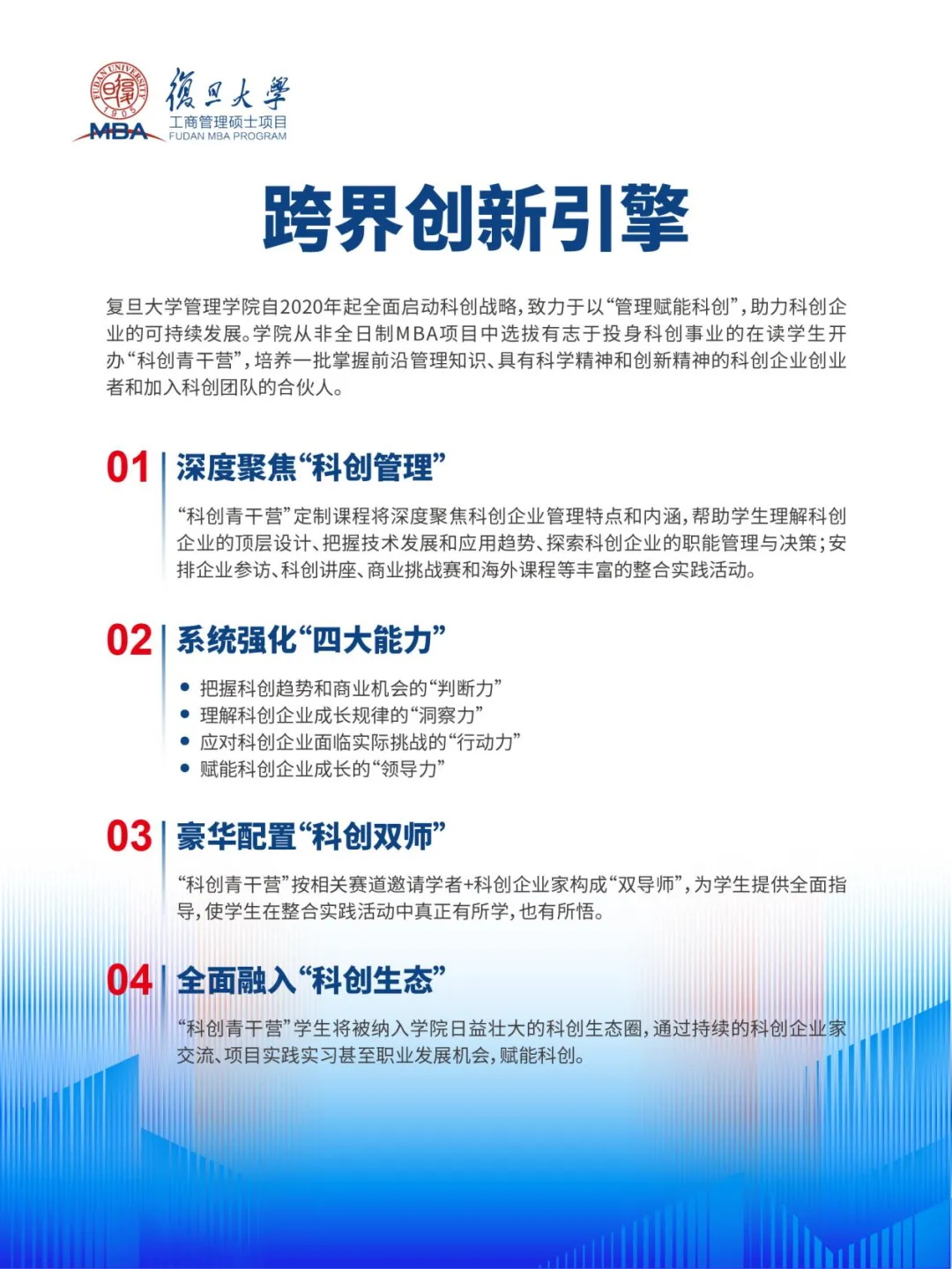 复旦大学MBA项目始终坚持专业化、国际化,紧跟时代发展,以学术实力为基石,不断升级培养体系,为学生提供更具特色的学程体验,引领并陪伴其终身成长。我们致力于培养既具有全球视野,又深谙中国国情的青年精英、未来领袖。2.JPG